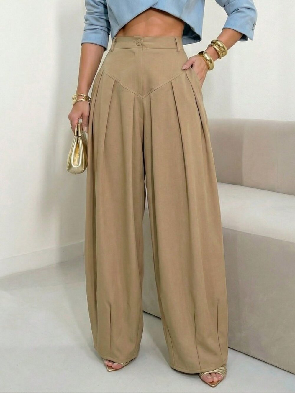 Khaki Casual Women's High Waist Zipper Front Carrot Pants - Picture 4 of 5